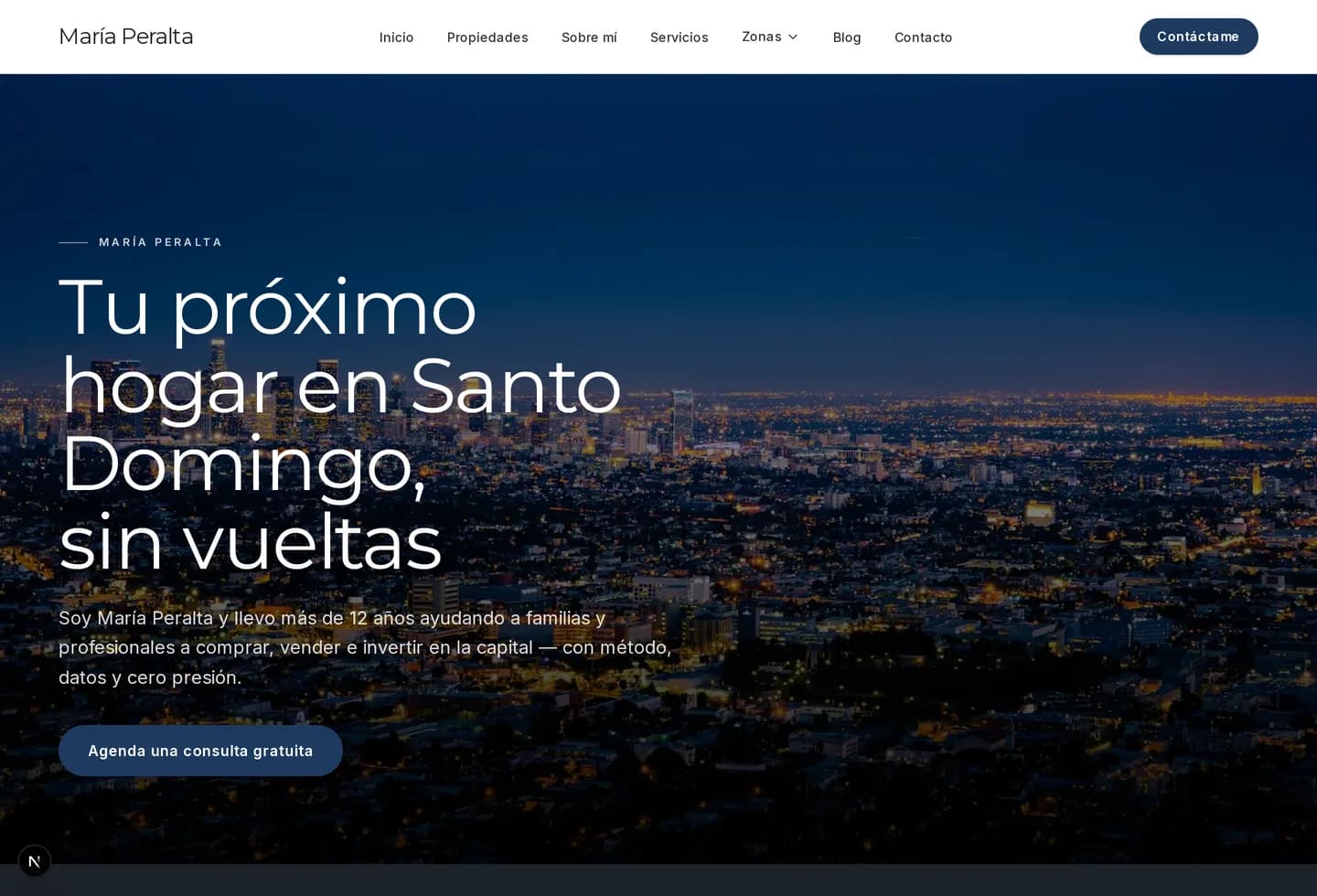 Página de inicio de un sitio de asesora inmobiliaria publicado con este producto.